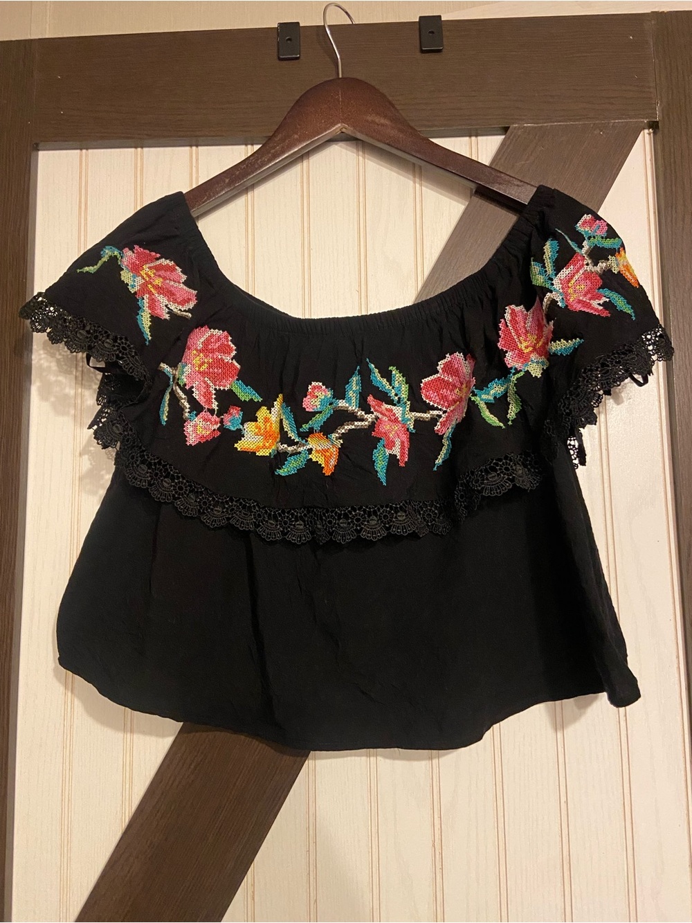 Forever 21 Black Off-Shoulder Crop Top with Pink & Yellow Floral Embroidery